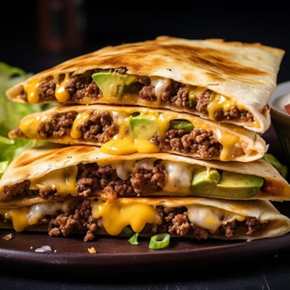 Stack of three Picante Mexican Cuisine quesadillas filled with ground beef, melted cheese, and avocado.