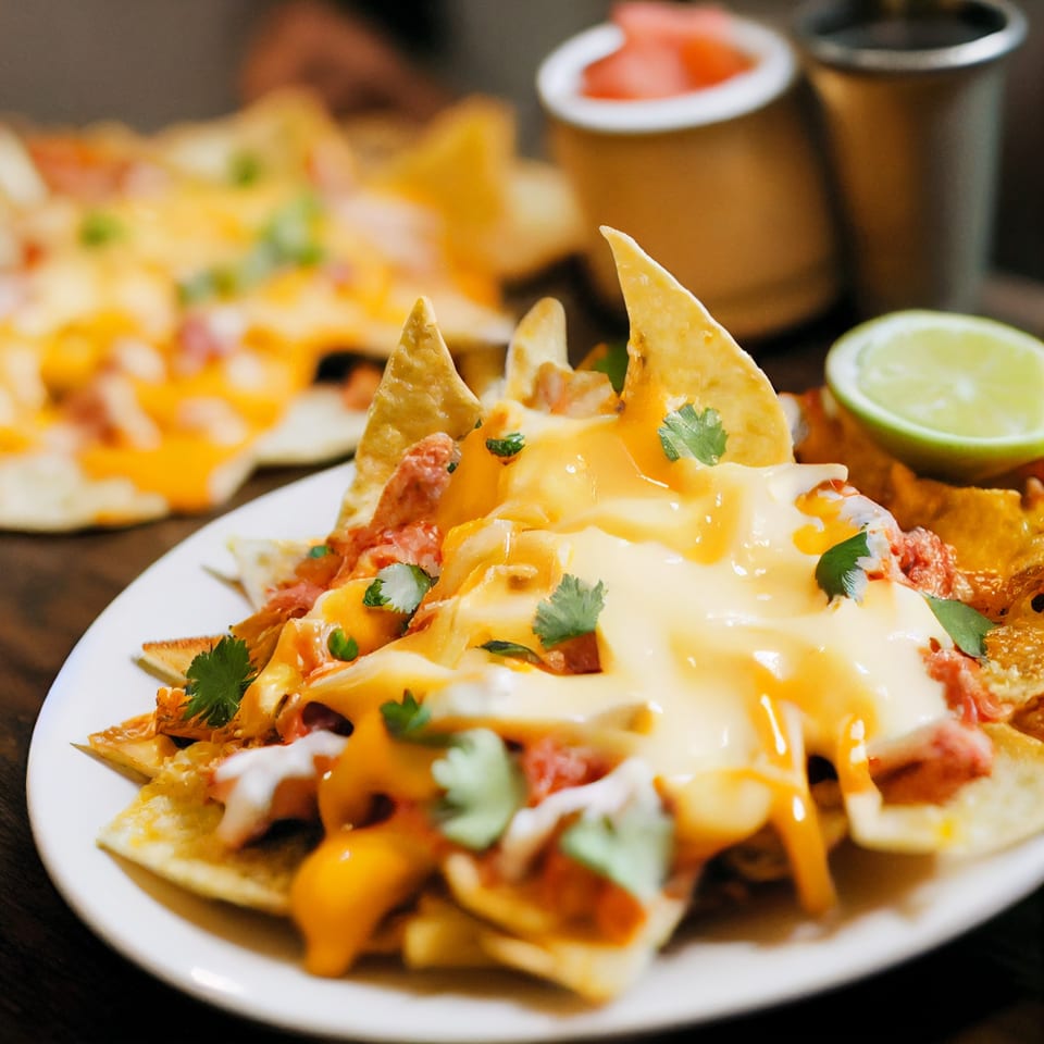 Close-up of Picante Mexican Cuisine's nachos with melted cheese, meat, cilantro, and a lime wedge.